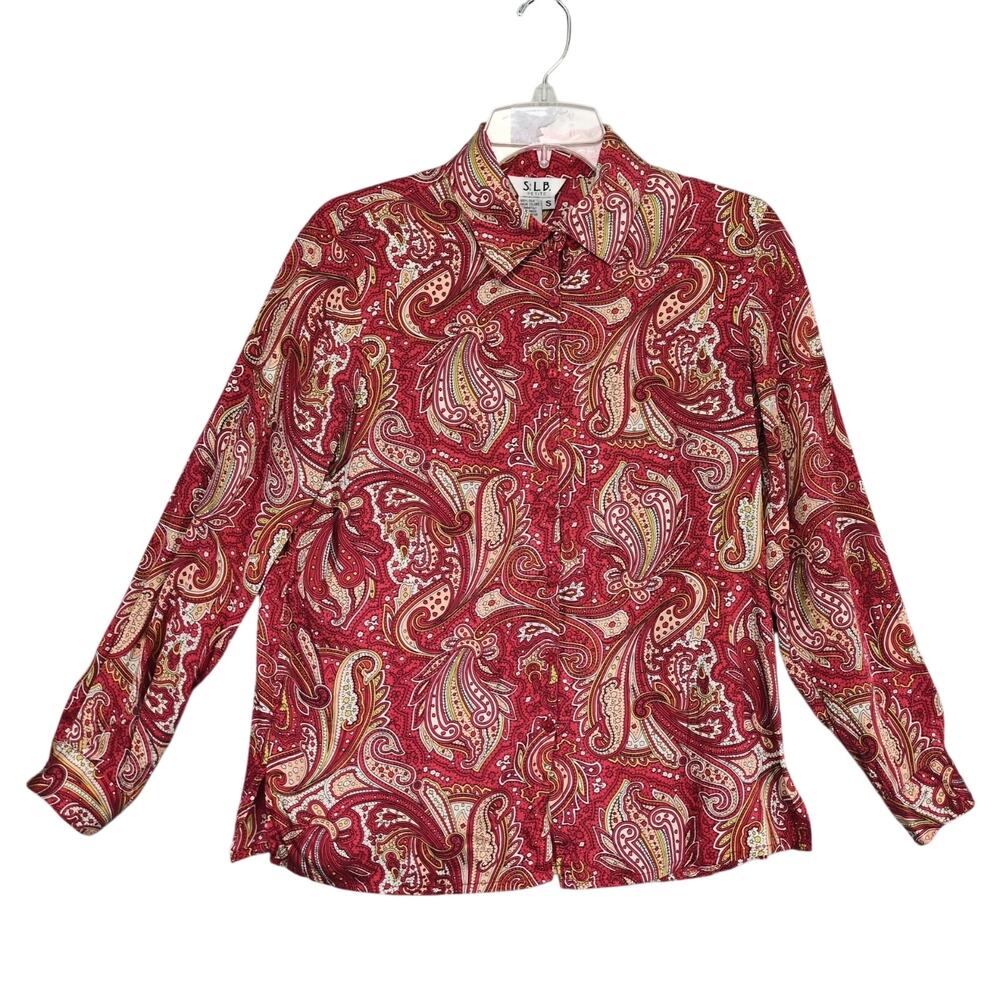 Vtg 80s SLB Women's S Petite 100% Silk Red Paisley Button Up Blouse Retro Career